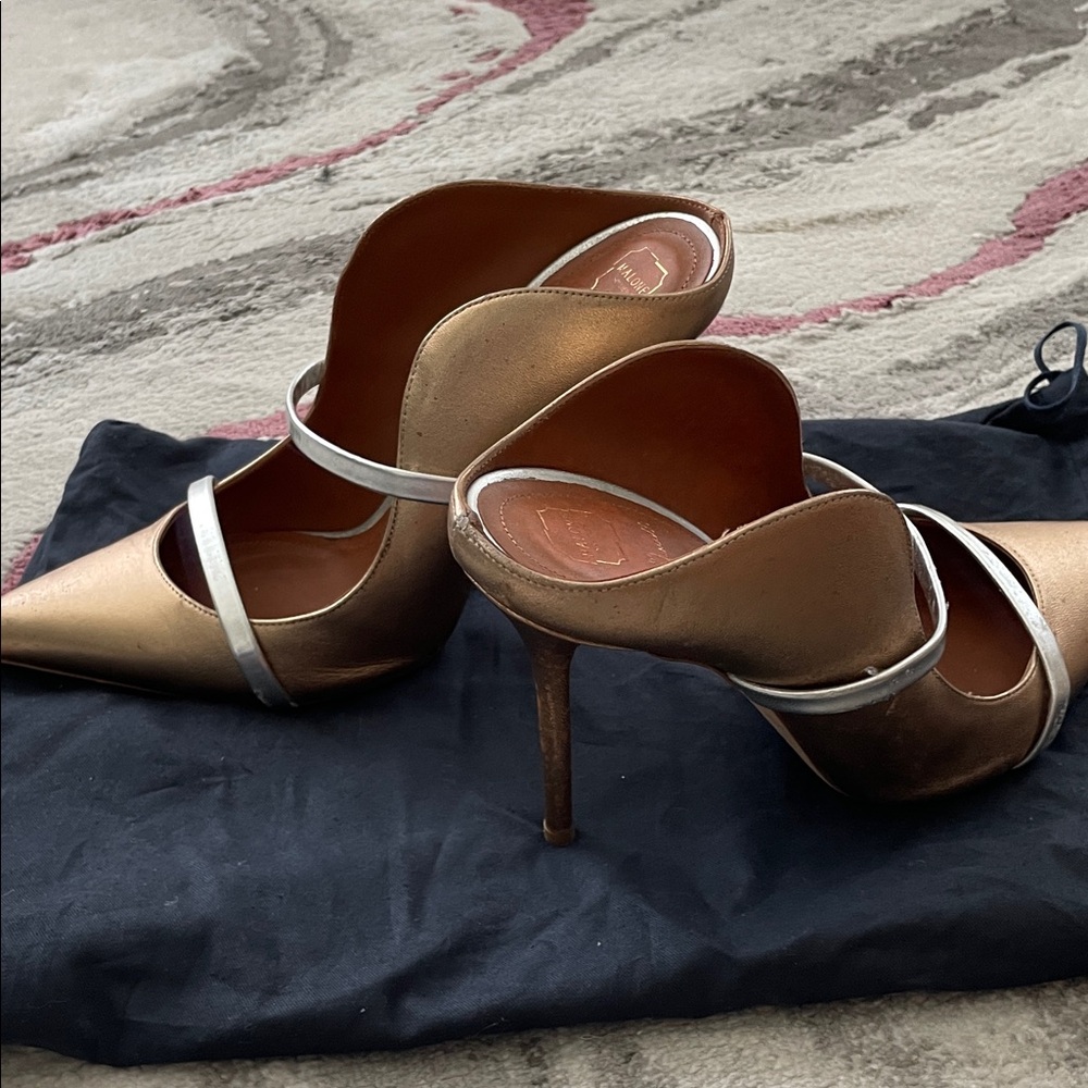 Malone Souliers Gold Heels with Silver Straps